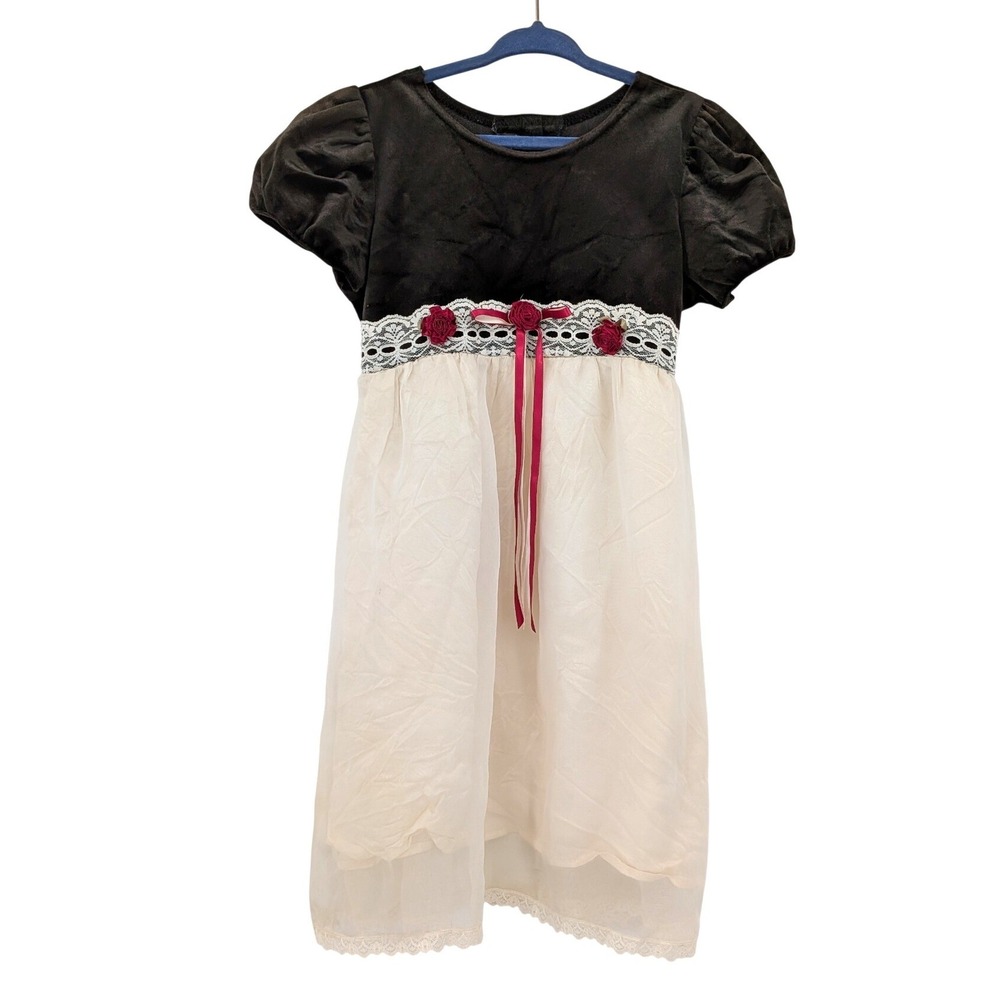 Vintage boutique toddler dress lace rosette party dress black ivory‎ 18-24M